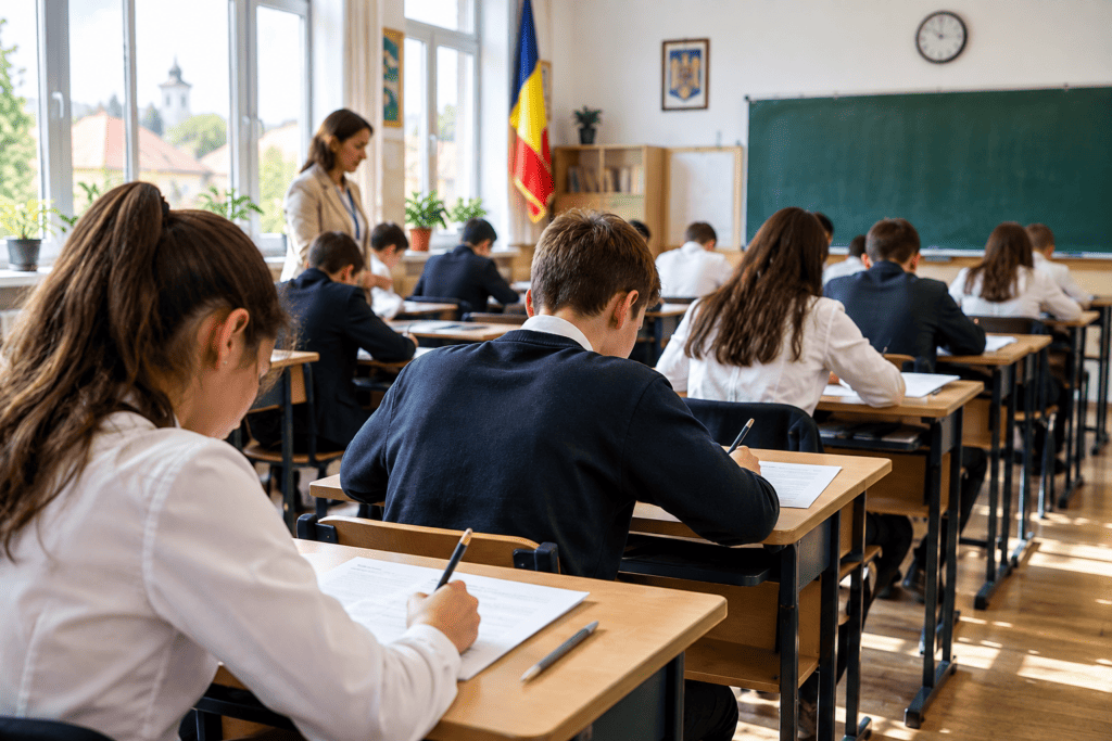 Elevi români în sala de clasă în contextul simulării bacalaureatului 2026